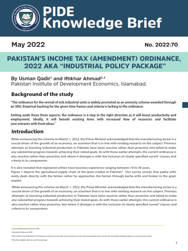 Pakistan’s Income Tax (Amendment) Ordinance, 2022 aka “Industrial Policy Package”