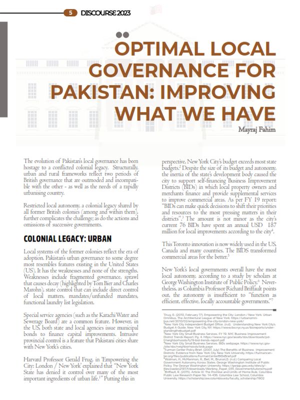 Optimal Local Governance for Pakistan: Improving What We Have