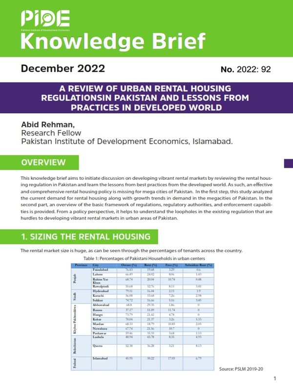 A Review of Urban Rental Housing Regulations in Pakistan and Lessons from Practices in Developed World