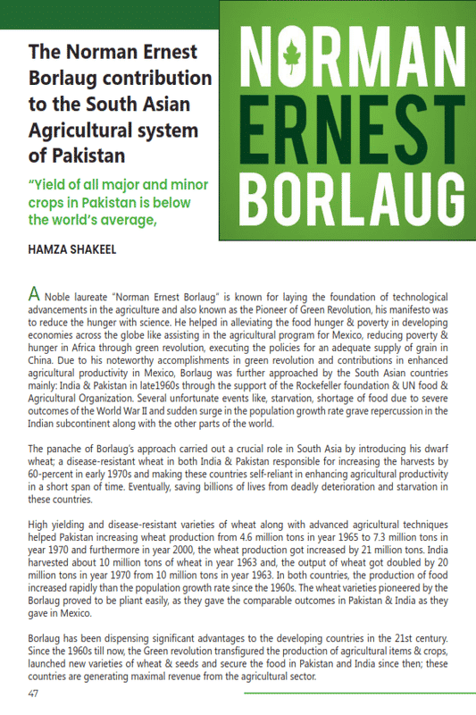 The Norman Ernest Borlaug contribution to the South Asian Agricultural system of Pakistan