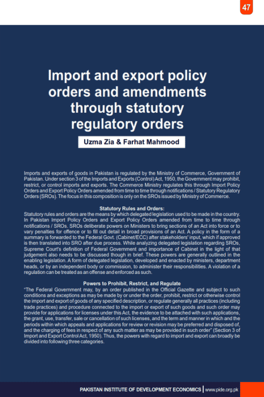 Import and export policy orders and amendments through statutory regulatory orders
