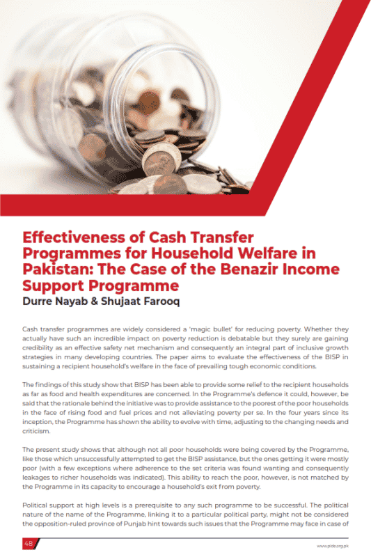 Effectiveness of Cash Transfer Programmes for Household Welfare in Pakistan: The Case of the Benazir Income Support Programme