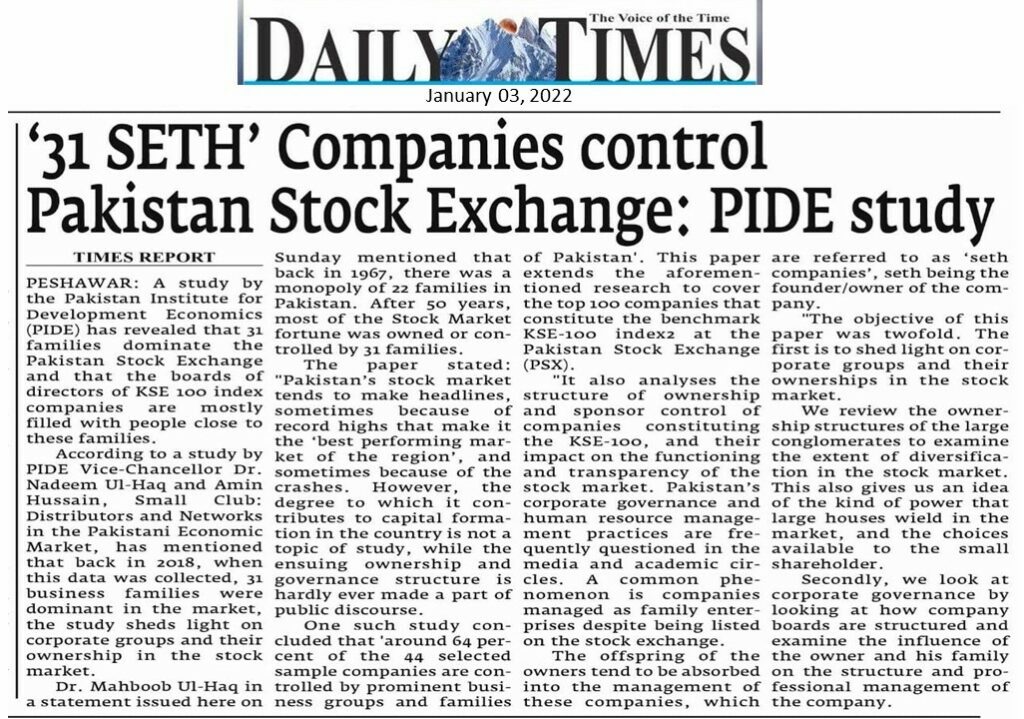 '31 SETH' Companies Control Pakistan Stock Exchange: PIDE Study