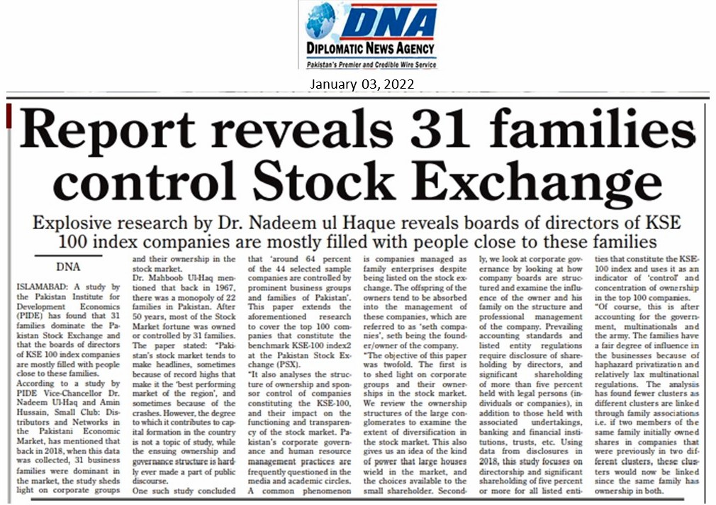'31 SETH' Companies Control Pakistan Stock Exchange: PIDE Study