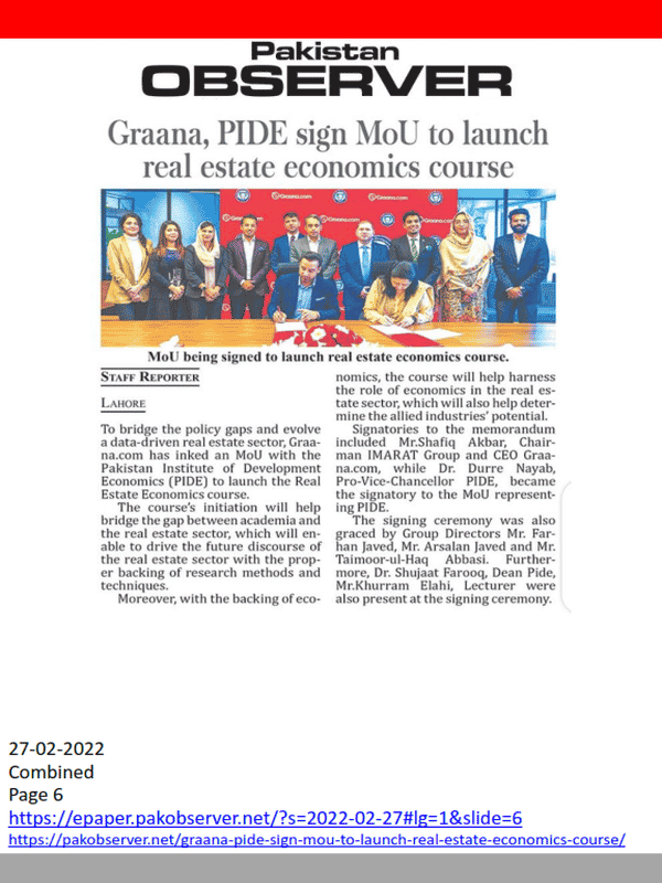 Print Media News Coverage: Graana & PIDE MOU Signing Ceremony