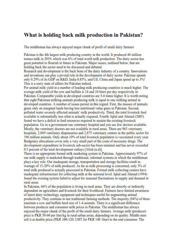 What is holding back milk production in Pakistan?
