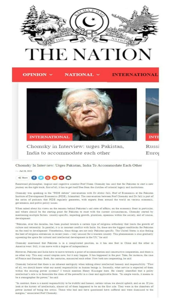 Chomsky urges Pakistan, India to Accommodate each other