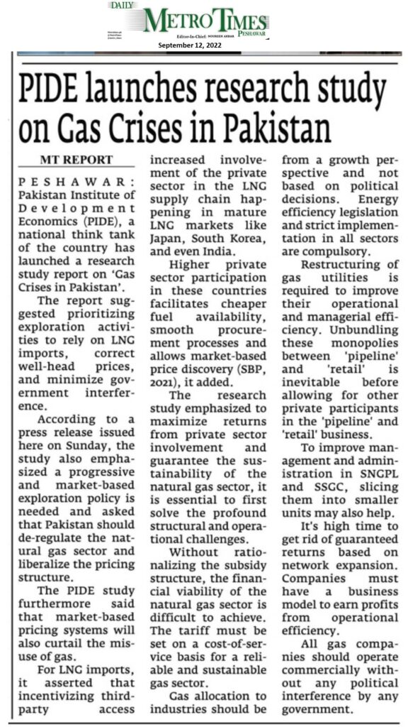 Extensive Media Coverage of PIDE Knowledge Brief on “Gas Crisis in Pakistan” by Afia Malik & Usman Ahmad