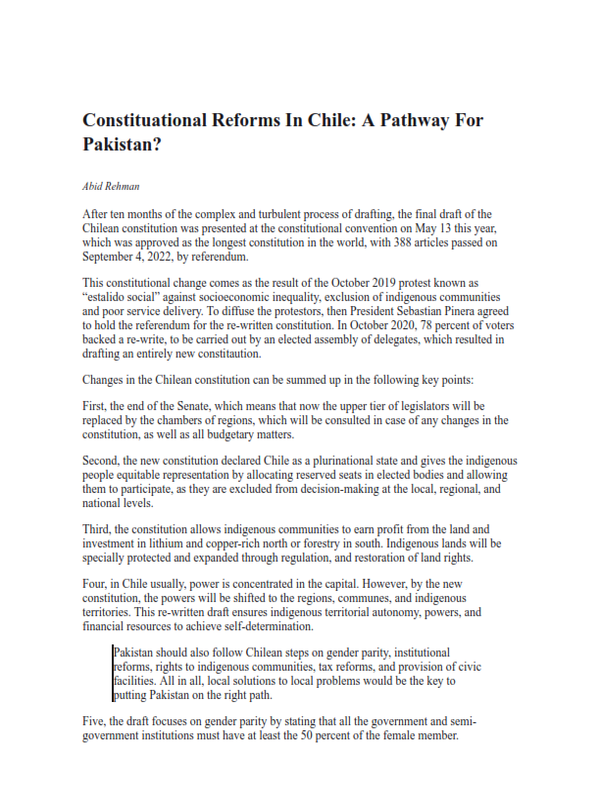 Constituational Reforms In Chile: A Pathway For Pakistan?