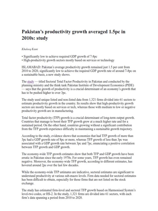 Media Coverage Of Sectoral Total Factor Productivity In Pakistan
