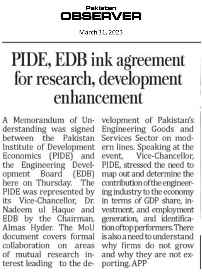 Media Coverage of PIDE’s MoU with EDP