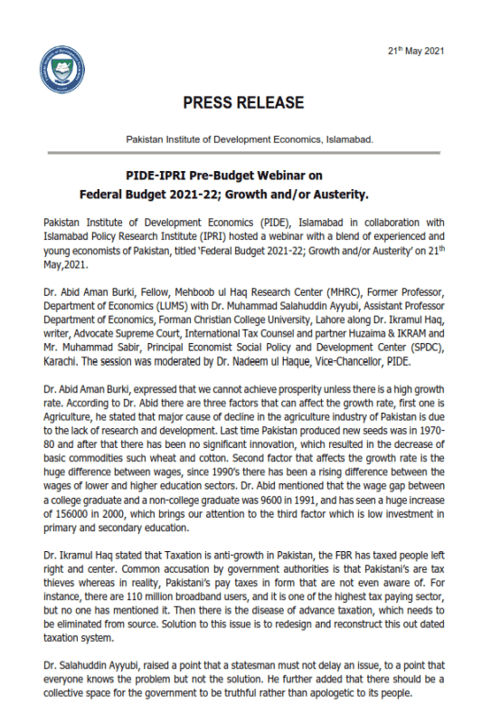PIDE-IPRI Pre-Budget Webinar on Federal Budget 2021-22; Growth and/or Austerity.