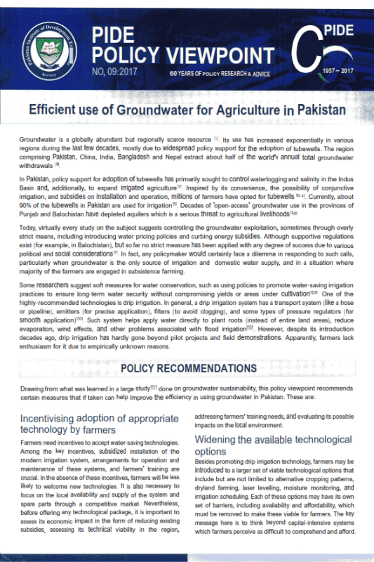 Efficient Use Of Groundwater For Agriculture In Pakistan