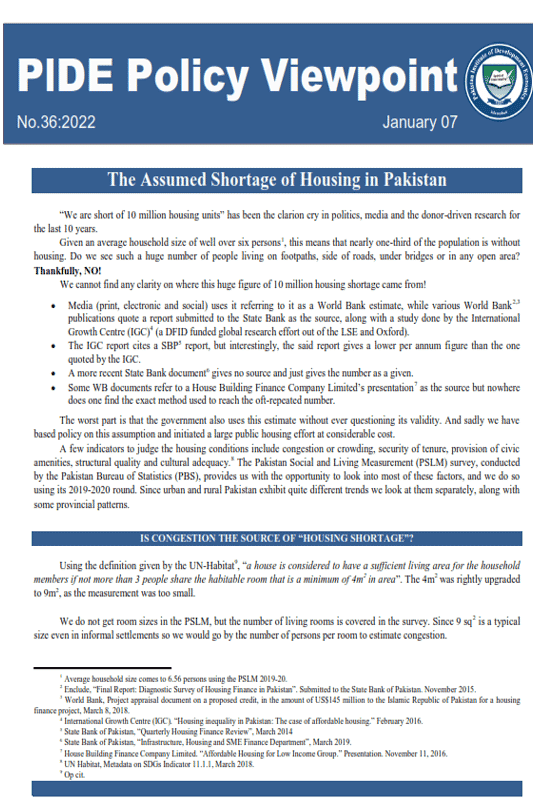 The Assumed Shortage of Housing in Pakistan