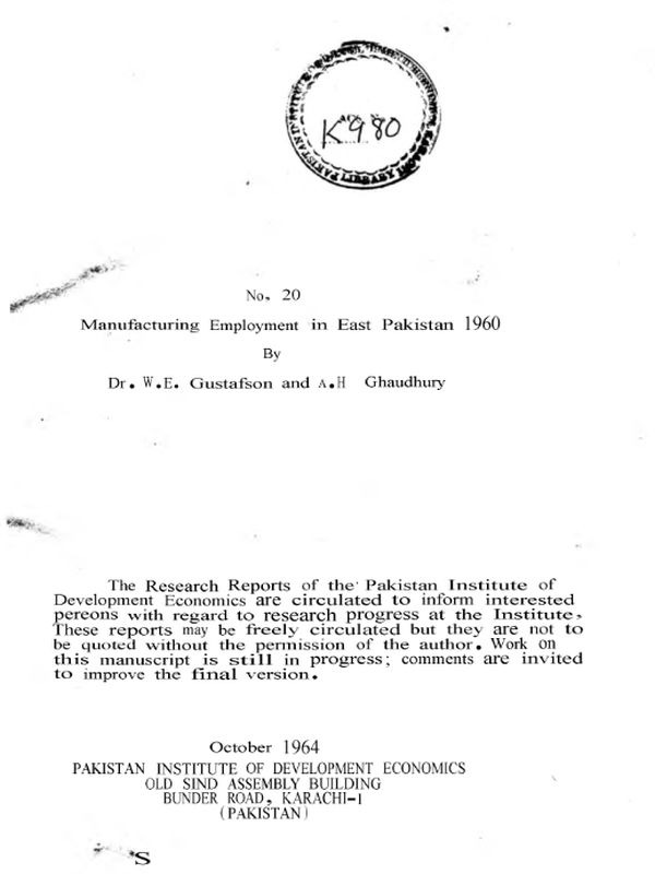 Manufacturing Employment in East Pakistan 1960