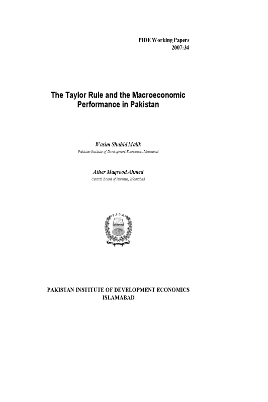 The Taylor Rule and the Macroeconomic Performance in Pakistan