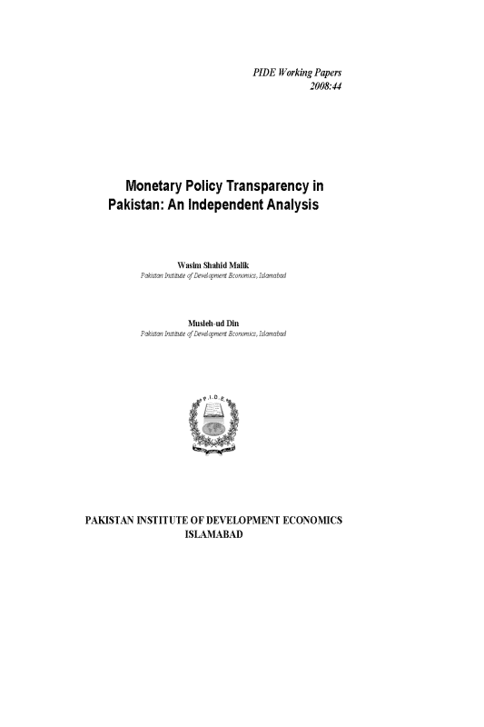 Monetary Policy Transparency in Pakistan: An Independent Analysis 