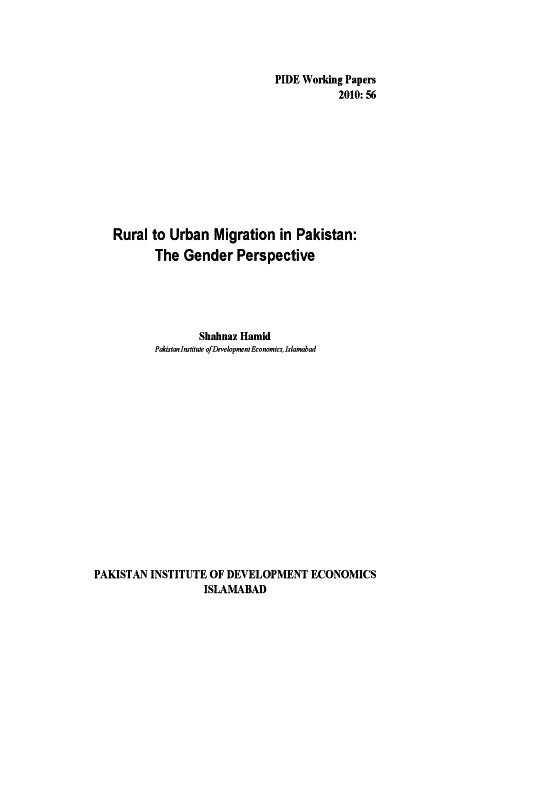 Rural to Urban Migration in Pakistan: The Gender Perspective 