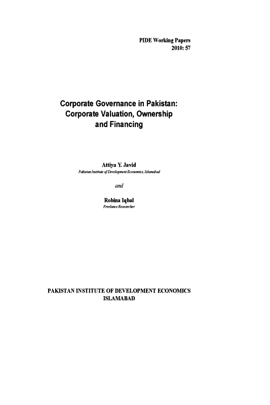 Corporate Governance in Pakistan: Corporate Valuation, Ownership and Financing 