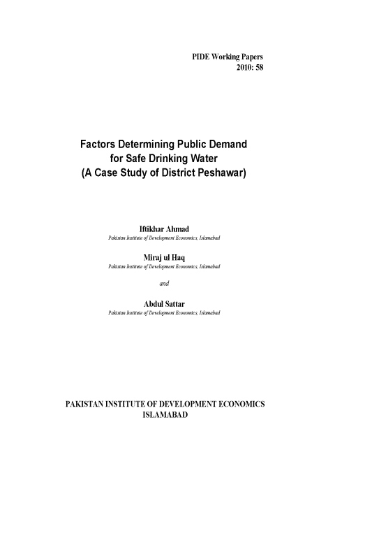 Factors Determining Public Demand for Safe Drinking Water (A Case Study of District Peshawar)