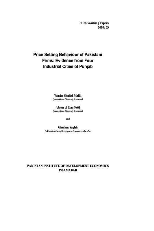 Price Setting Behaviour of Pakistani Firms: Evidence from Four Industrial Cities of Punjab