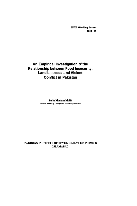 An Empirical Investigation of the Relationship between Food Insecurity, Landlessness, and Violent Conflict in Pakistan 