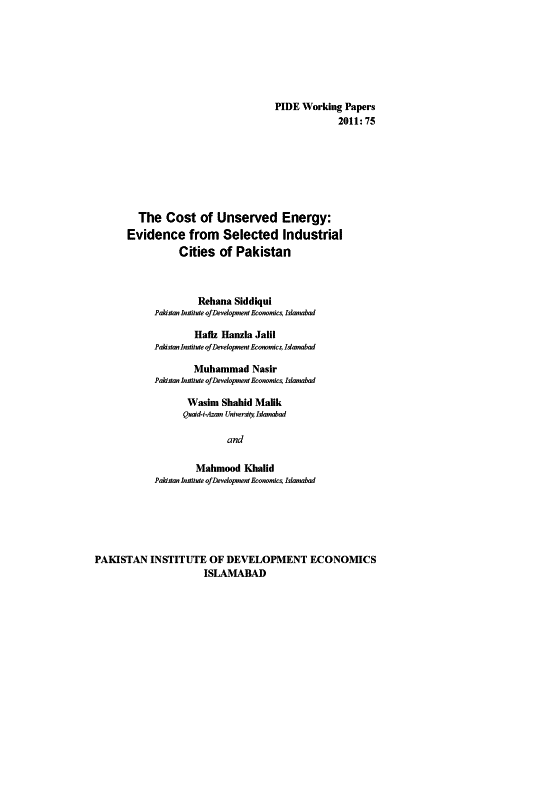 The Cost of Unserved Energy: Evidence from Selected Industrial Cities of Pakistan